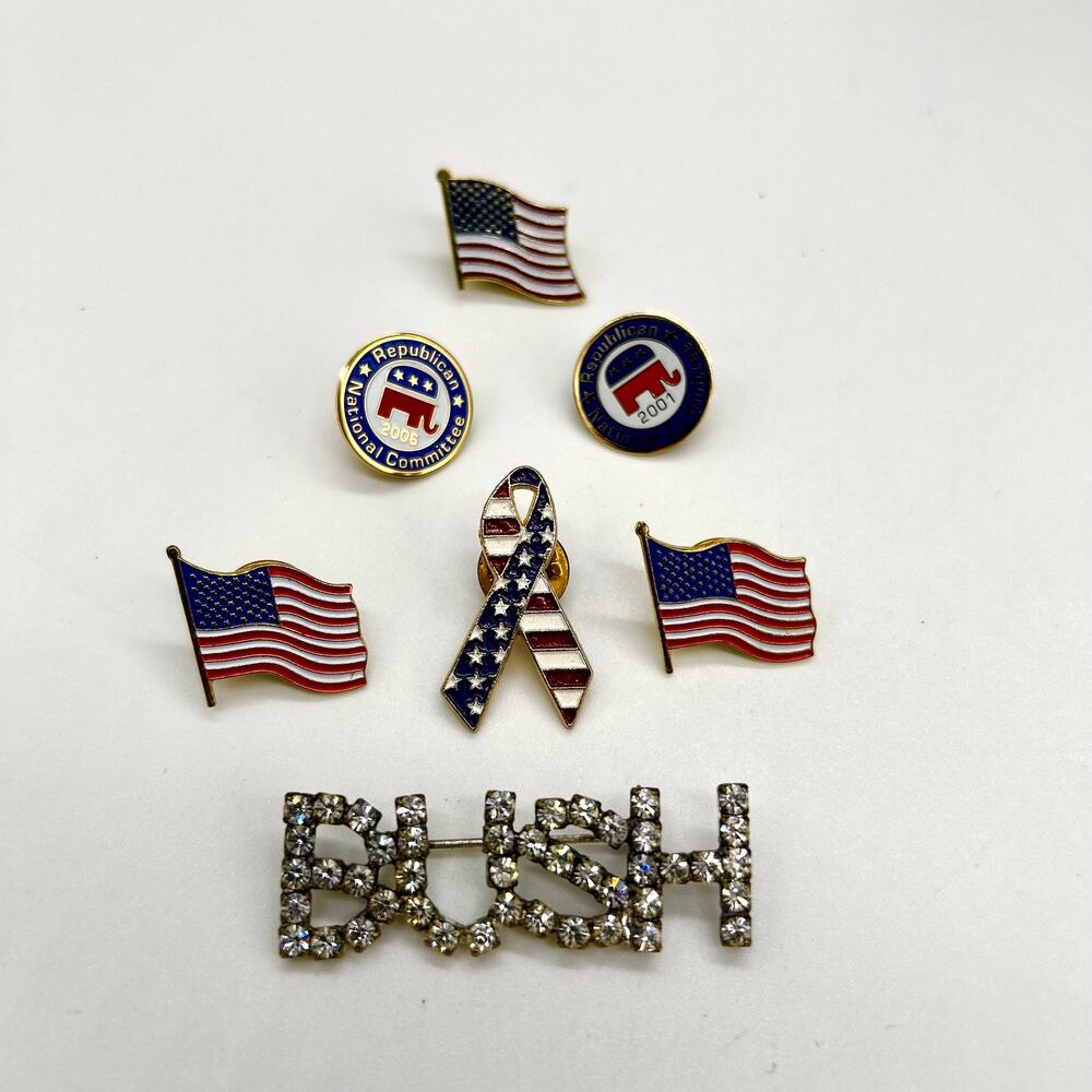 Vintage Republican Party Brooch Pin Lot RNC 2001 American Flag Rhinestone Bush